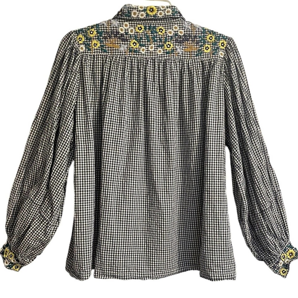 SOLD Inoui Paris XS Embroidered Gingham Check Blouse Blue White Balloon Sleev… - Picture 6 of 10